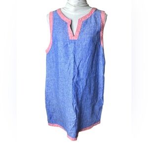 Sigrid Olsen Dress Linen Sleeveless Shift Sheath Split Neckline Blue Pink XL